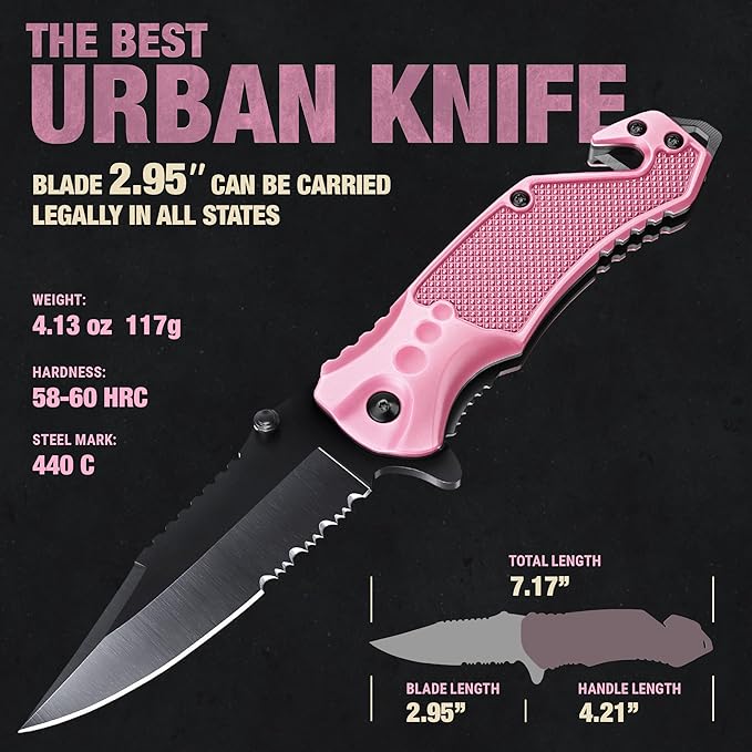 GOOD WORKER Legal Pocket Knife with 2.95” Serrated Blade, Glass Breaker, Seat Belt Cutter - EDC Sharp Folding Knives with Portable Clip - Small Tool for Tactical Camping Survival Hiking - Gifts for Men, Women