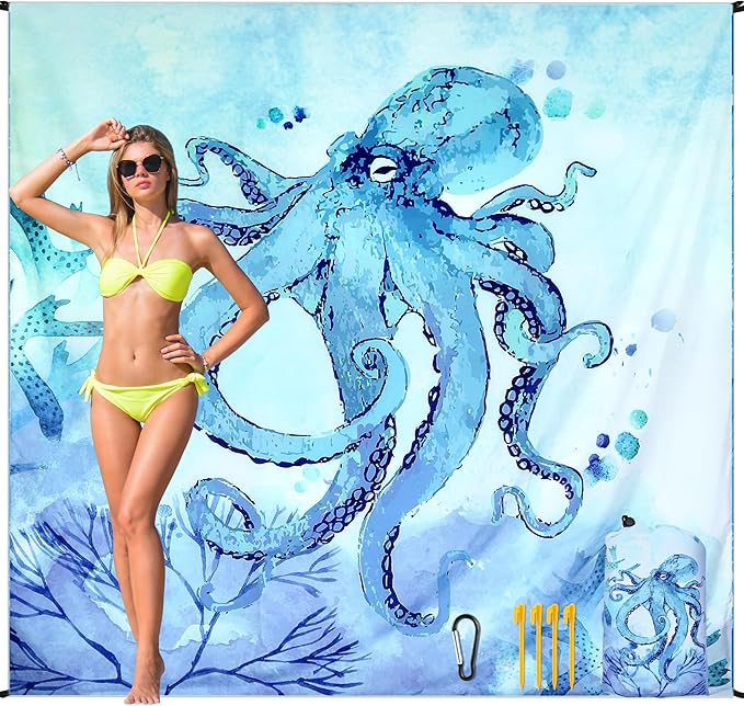 HIHOHO Beach Blanket Waterproof Sandproof Beach Mat for 1-8 Adults Quick Drying Durable Outdoor Picnic Mat for Beach Festival Travel Camping Hiking (BL-Octopus, 79"×83"(4 Person))