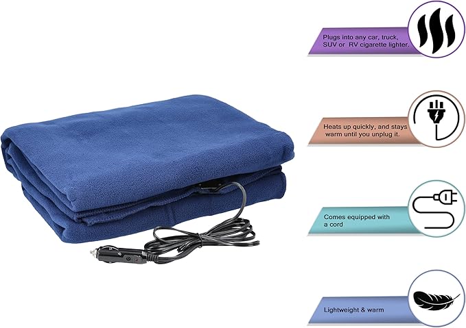 Heated Car Blanket - 12V Electric Travel Blanket for Car, Truck, SUV or RV - Portable Heated Throw for Road Trips, Camping or Winter Emergency Kit for Cold Weather Travel by Stalwart (Navy)