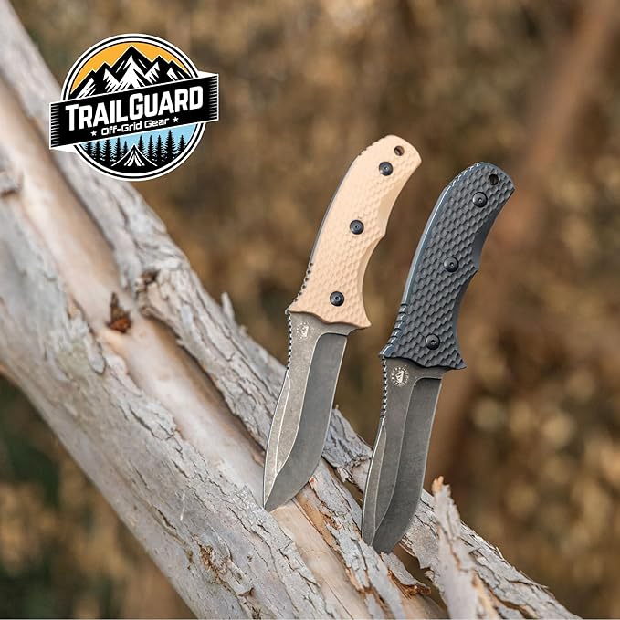 Off-Grid Gear TRAILGUARD Camping & Tactical Fixed Blade Knife, Stainless Steel Blade, Grippy FRN Scales, Sheath, Built For Campers, Preppers, Hunters, Fishermen, Survivalists, Handymen, Boaters, Bug Out Bag (Rustic Canyon)