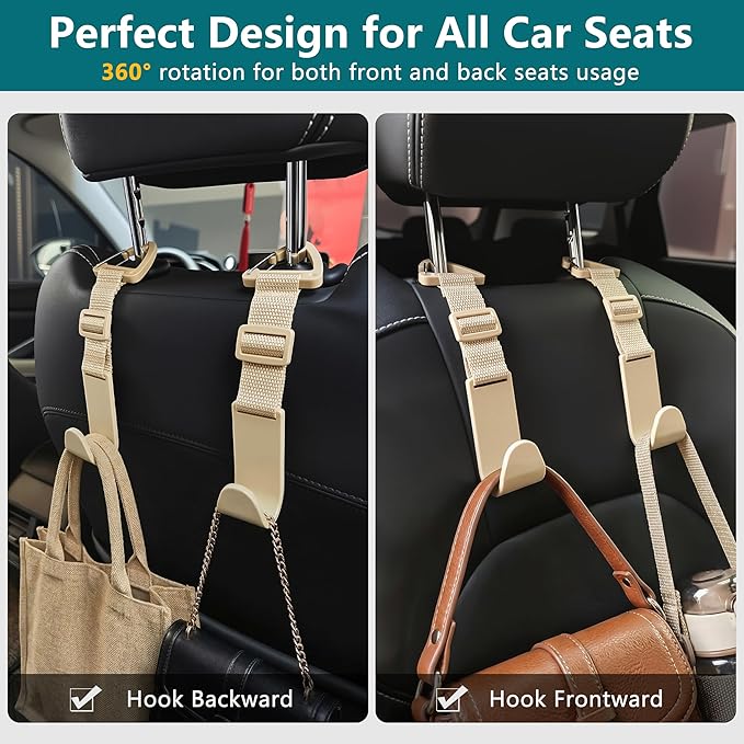 Amooca Headrest Hooks for Car Adjustable 4 Pack Vehicle Seat Back Organizer Storage Hanger Holder for Purse Bags Universal Fit with Clip Beige
