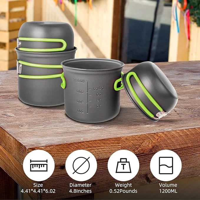 Camping Cookware Set, Portable Camping Mess Kit with Non-Stick Pots, Pans Set and Folding Fork, Lightweight Backpacking cookware Cooking Set for Outdoor/Camping/Hiking/Picnic