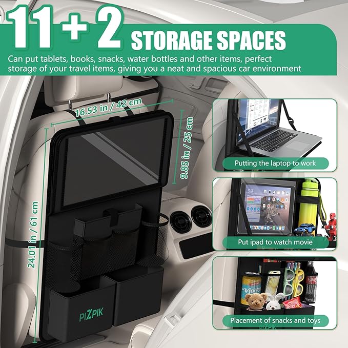 Plzpik Car Backseat Organizer with Tablet Holder,11 Storage Pockets with Foldable Food Tray, Protector Kick Mats for Kids, Travel Accessories Organizer (Black, 1Pack with Food Tray)