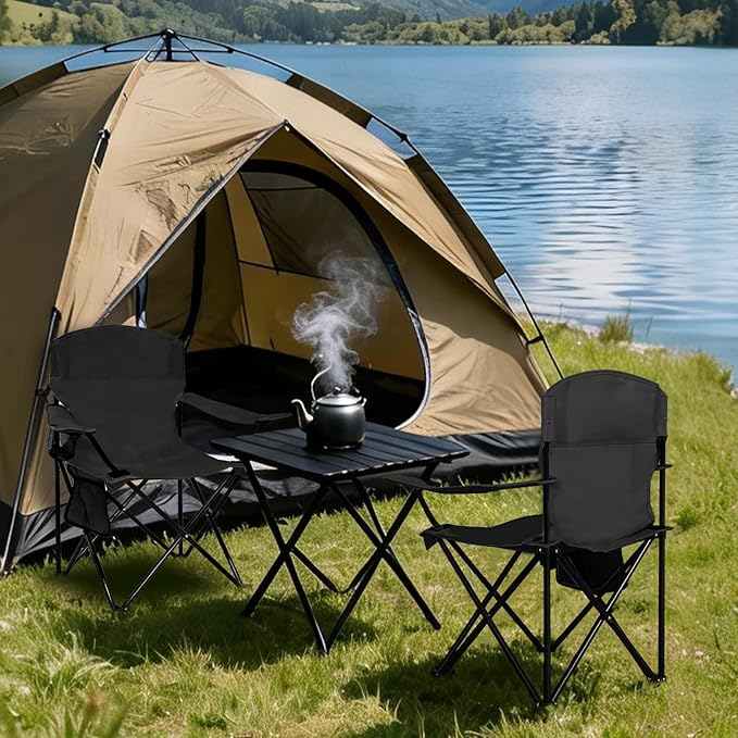 2 Pack Folding Camping Chair with Cup Holder & Side Storage Bag 300lbs Capacity Lightweight High Back Portable for Beach, Picnic, Sport, Black