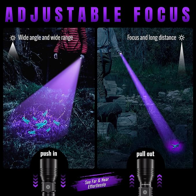 DARKDAWN 3 in1 Super Bright Flashlight & UV Flashlight 395nm, High Lumens USB Rechargeable LED Flashlights,Handheld Portable Flash Lights for Camping, Outdoor Adventure, Pet Urine Stains (2pack)