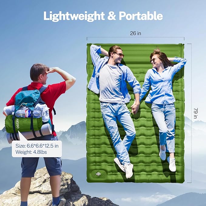 OGERY Double Sleeping Pad for Camping, 6" Extra-Thick Reinforced Camping Sleeping Pad with Pillows & Built-in Foot Pump, Ultralight Inflating Camping Mattress for Backpacking Tent Hiking Travel
