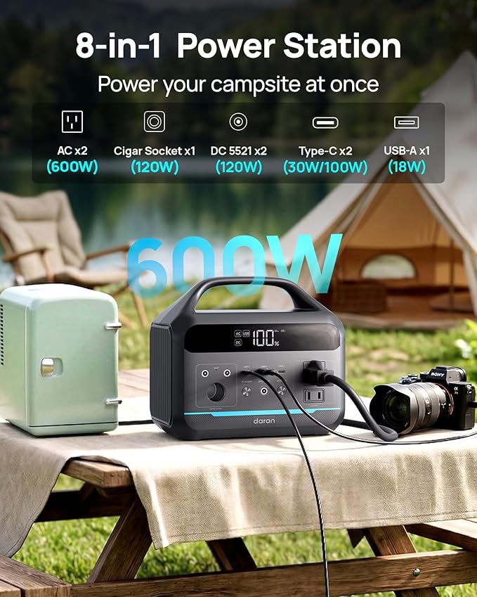 DARAN Portable Power Station 600W with 80W Solar Panel, 288Wh(90,000mAh) LiFePO4 Solar Generator, Dual AC Outlets, 100W USB-C PD, Fast Recharge for Camping, RV, Power Outage, Emergency Backup