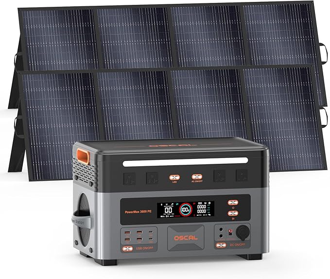 OSCAL 3600W Portable Power Station PowerMax 3600 PE with 2x400W Solar Panel, 2016Wh Solar Generator, 1500W AC Charging, LiFePO4 Battery Power Station for Home Use, Camping, RV, Emergency