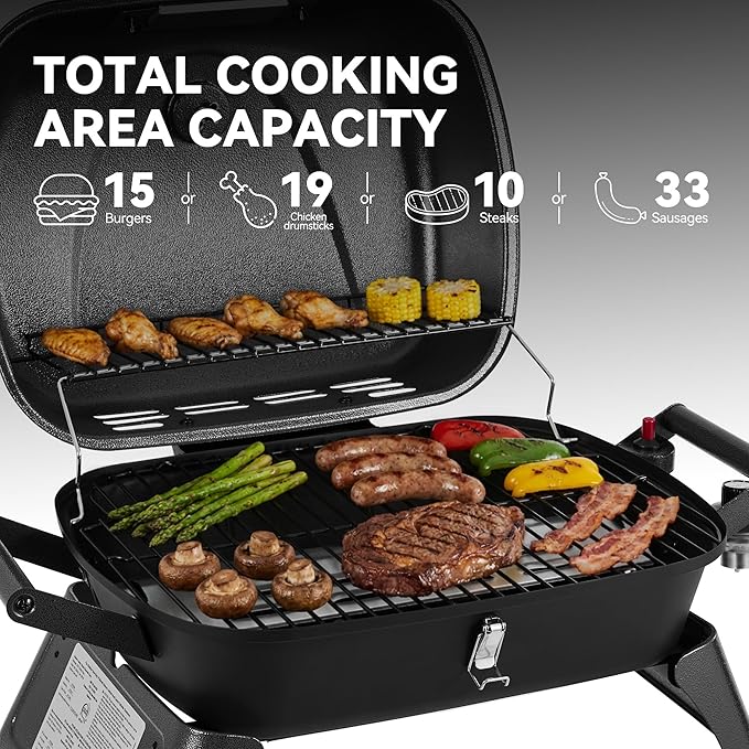 Royal Gourmet GT2006 Portable Tabletop Gas Grill, 12,000 BTU Output for Outdoor Camping, Foldable Legs, Piezo Ignition, Built-in Thermometer, for Tailgates and Camping Trips, Dark Gray