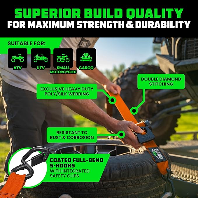 Rhino USA Retractable Ratchet Straps (2-Pack) - 2 Inch x 10 Feet (3,033lb Break Strength) - Heavy Duty Auto Self Retracting Tie Down Straps for Truck, Cargo Trailer, Motorcycle, Rad & More - Orange