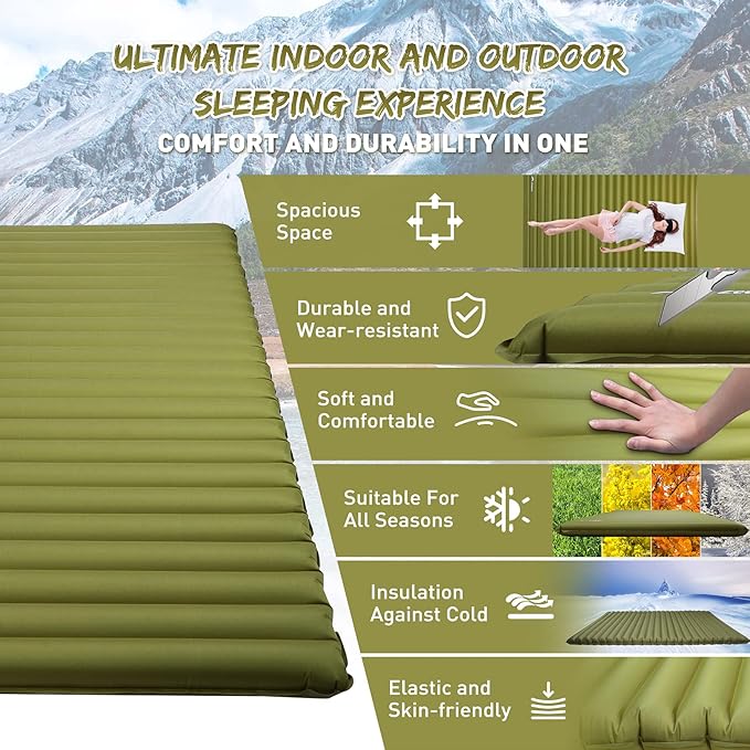 Double Camping Sleeping Pad, Ultralight Waterproof Inflatable 2-Person Sleeping Mat with Inflation Bag, Lightweight Portable Air Mattress for Outdoor Backpacking Hiking Car Traveling Tent (Green)