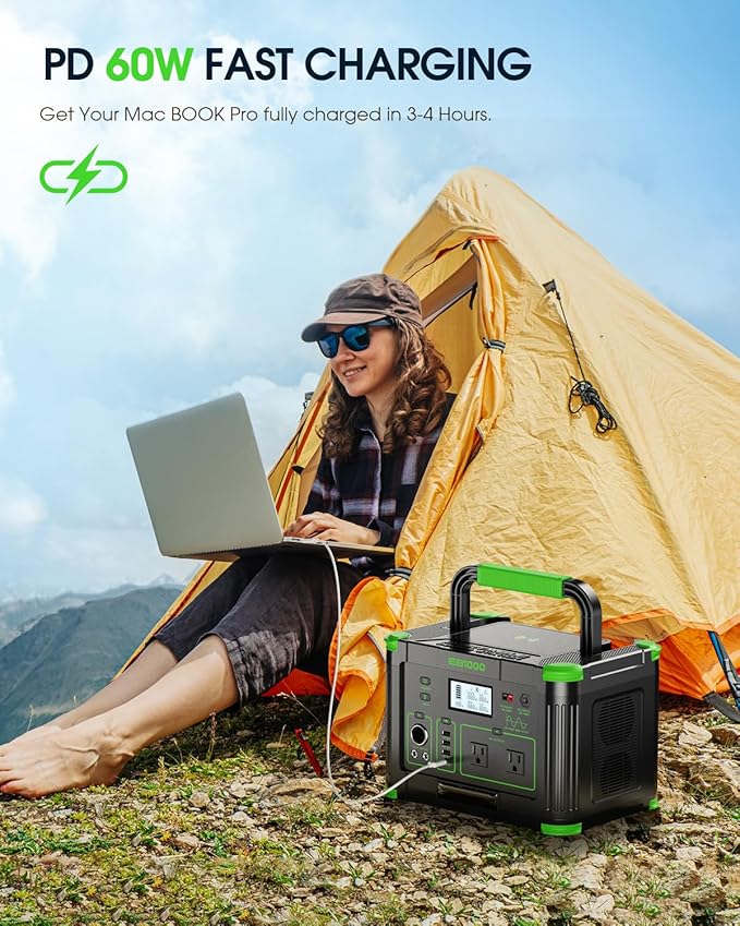 Portable Power Station 1000W (Peak 2000W), 999Wh Solar Generator with 110V Pure Sine Wave AC Outlet, 60W USB-C PD, 10 Ports for Camping RV Van Home Backup Emergency Off-Grid Living