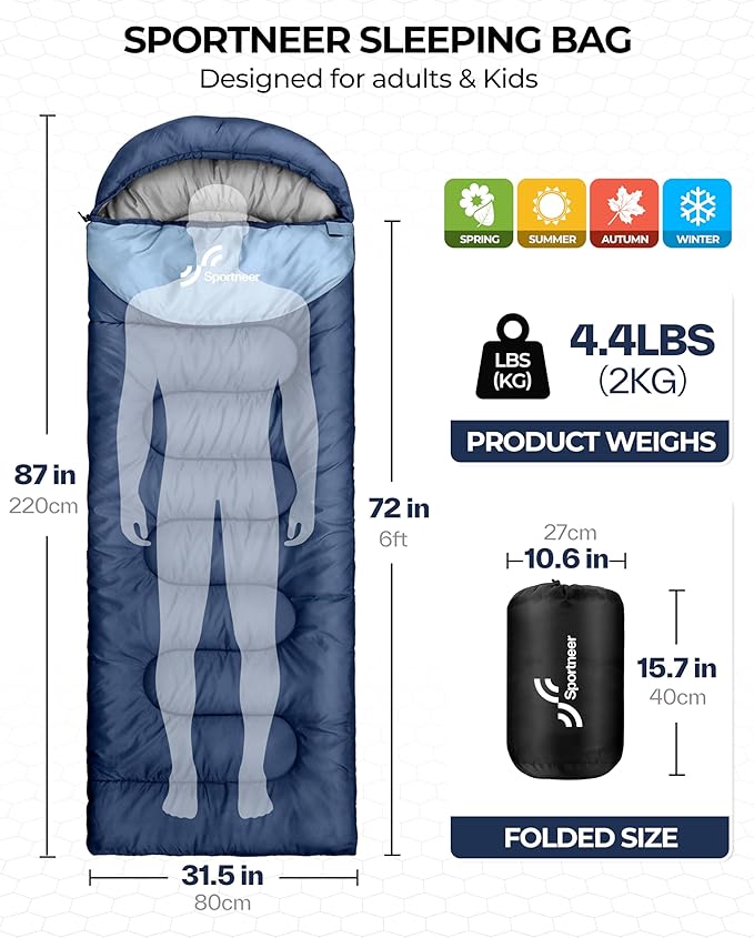 Sportneer Sleeping Bag for Adults & Kids, Cold Weather & Warm Waterproof Camping Sleeping Bag, Compact Portable for Camping Hiking & Travel
