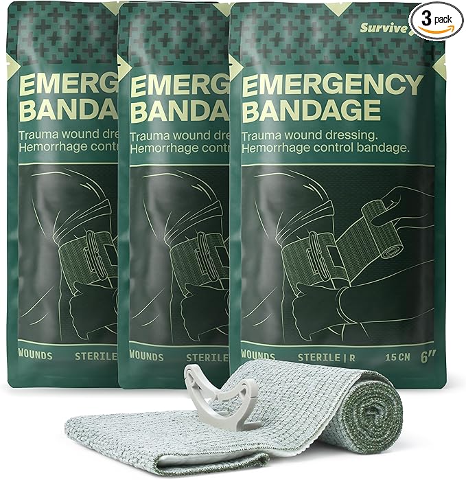 SurviveX Israeli Pressure Bandage 6 Inch - Emergency Bandage - Pressure Dressing for Wounds - Trauma Dressing - Sterile Vacuum-Sealed Packaging - 3 Pack