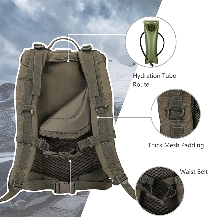 Hannibal Tactical MOLLE Assault Backpack, Tactical Backpack Military Army Camping Rucksack, 3-Day Pack Trip w/USA Flag Patch, D-Rings, Olive