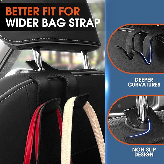 Car Headrest Hooks for Purses and Bags, Upgraded 2 in 1 Cars Back Seat Head Rest Hanger Vehicle Leather Organizer Storage Holder Hook Matching Cars Interior, 1-Pack, Brown