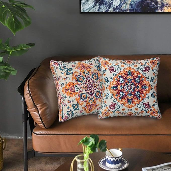Vintage Bohemian Carpet Pattern Pillow Covers 18x18 inch Set of 2 Orange Blue Ethnic Pillow Case Cushion Cover for Home Sofa Couch Living Room Car Decor