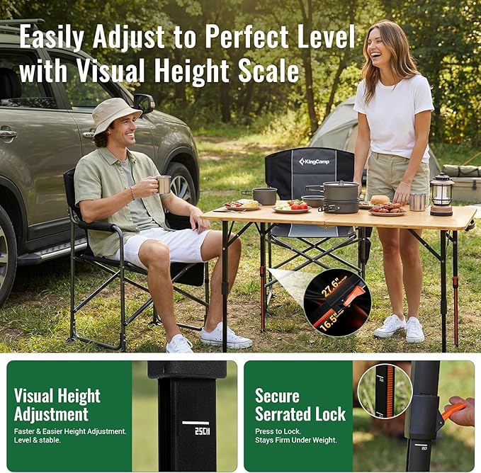 KingCamp Bamboo Folding Table, 47 Inch Large Portable Camping Table with Adjustable Height Legs for Uneven Ground, High-Strength Bamboo Surface Holds 265lbs, Multi-Scenario Table for Home & Outdoor