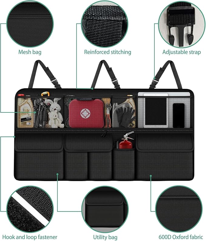 Hanging Trunk Organizer Fit For JEEP Grand Cherokee Foldable Large Capacity 41.3x20 inch Backseat Trunk Organizers Storage with Multi Pockets（Black）
