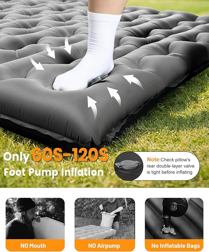 Double Sleeping Pad for Camping, 5.9 Inch Thick Self Inflating Sleeping Mat for Camping with Built in Pillow and Foot Pump, 2 Person Camping Mattress for Backpacking Hiking