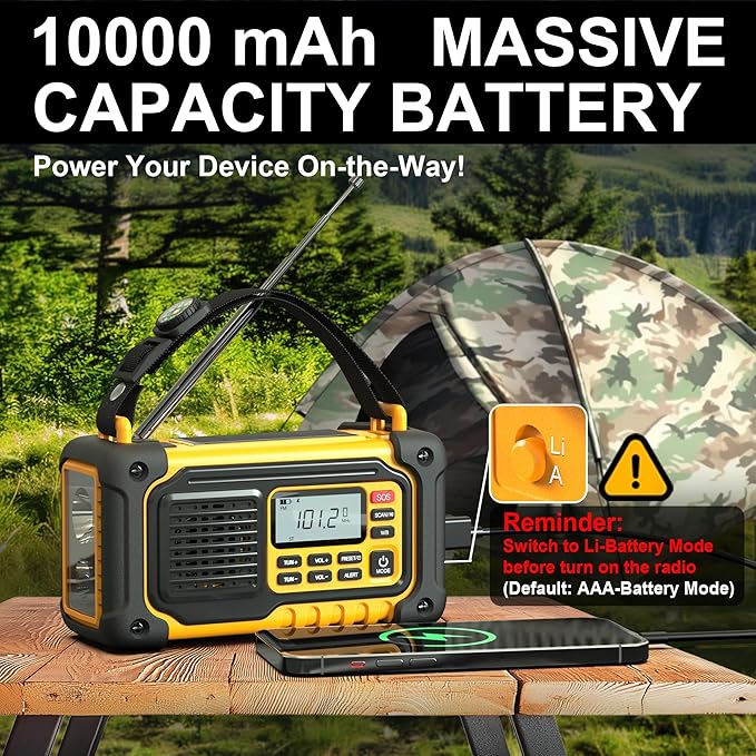 Crank Emergency Weather Radio, 10000mAh Solar Hand Crank Portable NOAA AM FM Battery Power Radio,Weather Alert with Flashlight,SOS Alarm & Reading Lamp,Survival Gifts for Home Camping Outdoor