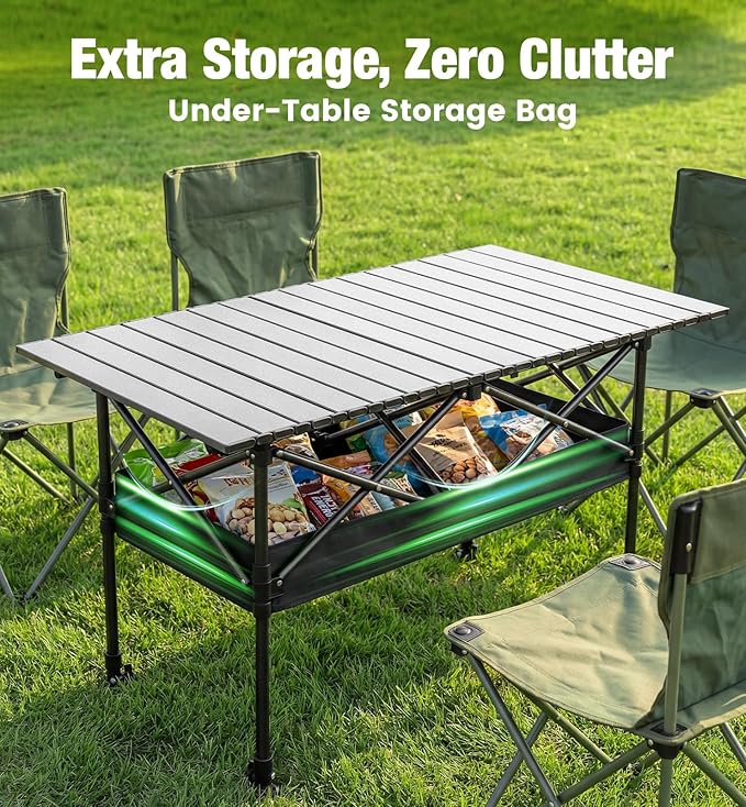 Folding Camping Table, 37.4" Aluminum Roll Top Table Lightweight, Adjustable Height Outdoor Table with Storage Mesh & Carry Bag, Portable Camp Gear for Picnic Tailgate BBQ, Black
