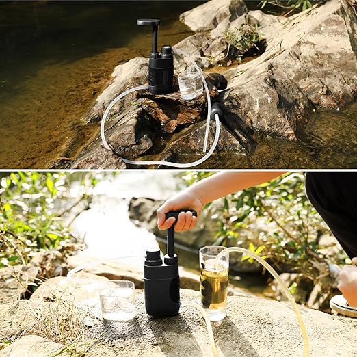 Purewell Water Hand Purifier Pump with Replaceable Carbon 0.01 Micron Water, Stages, Portable Outdoor Emergency and Survival Gear - Camping, Hiking, Backpacking(Black)