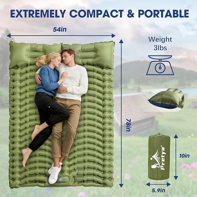 Double Sleeping Pad for Camping - Ultralight Camping Mattress with Pillow, Built-in Foot Pump, Compact Inflatable 2-Person Portable Mat for Backpacking, Hiking, Car Traveling, Beach, Tent