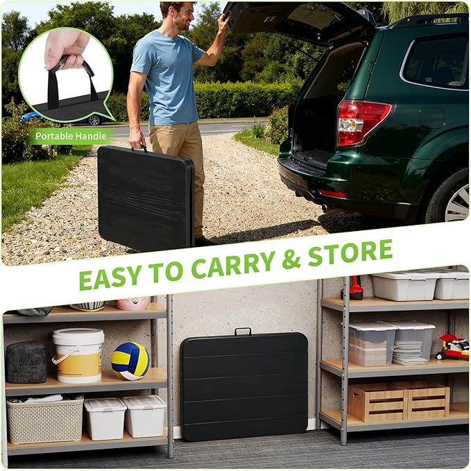 BestOffice 6 FT Picnic Table, Portable Plastic Folding Table with Carrying Handle Perfect for Picnics, Parties, Party and Camping, Black Wood Grain