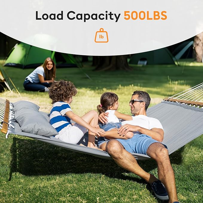 Everyfun Double Hammock with Spreader Bar & Pillow, Portable 500lbs Capacity for Outdoor, Camping, Patio, Backyard Relaxation,Gray