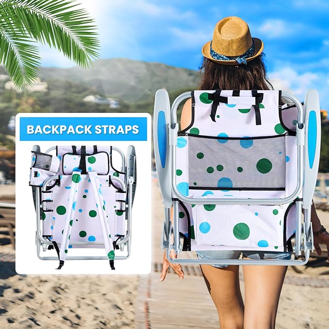 Portable Beach Chair for Adults, Outdoor Camping Chair Lay Flat Folding Backpack Beach Reclining Chair with 5 Positions, Headrest, Cup Holder, Heavy Geometric Circle