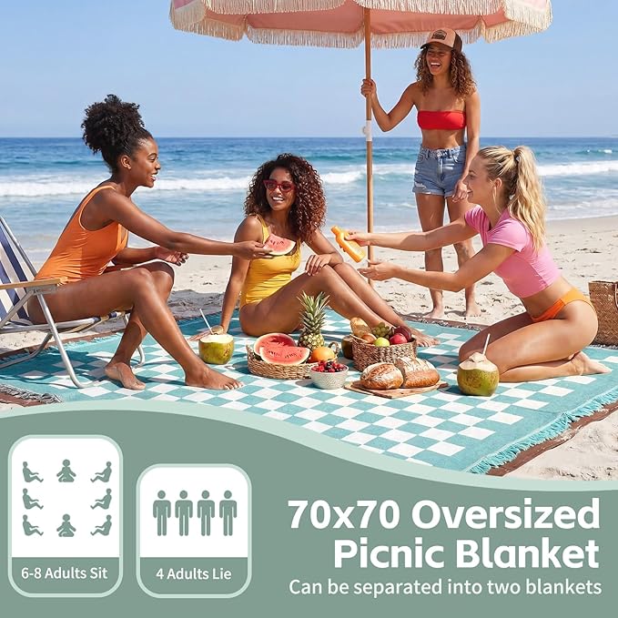 2 in 1 Extra Large Boho Beach Blanket Towel Picnic Camp Mat Family Beach Trip Essentials Summer Vacation Must Have Travel Accessories Lake Day Necessities Stuff Thing Need Gear Gift Item Gadget 2026