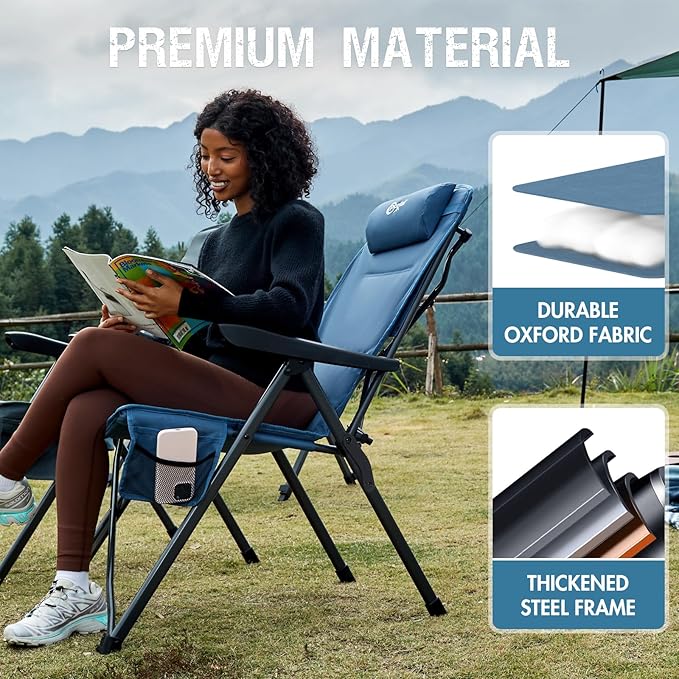 Portal Reclining Camping Chair with Adjustable Back Folding Camp Recliner for Adults Portable High Back Oversized, 350LBS (Blue)