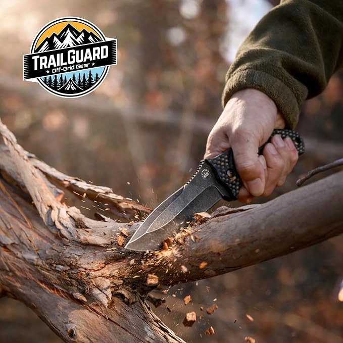 Off-Grid Gear TRAILGUARD Camping & Tactical Fixed Blade Knife, Stainless Steel Blade, Grippy FRN Scales, Sheath, Built For Campers, Preppers, Hunters, Fishermen, Survivalists, Handymen, Boaters, Bug Out Bag (Blackout)