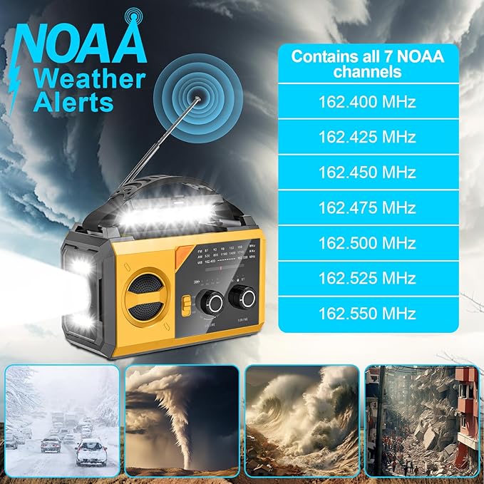 20000mAh Emergency Radio, 74000mWh NOAA Weather Radio, Wireless Hand Crank Solar AM/FM Radio with Fast Charge Rechargeable Solar Battery, Flashlight, SOS Alert, Outdoor Survival Gear Kit（Yellow）