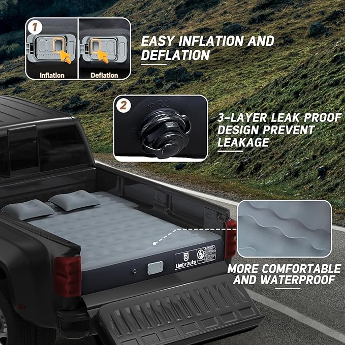 Umbrauto Camping Air Mattress for 6-6.5ft Full Size Truck Bed with Wireless Rechargeable Built-in Pump, Inflatable Pickup Truck Airbed for Outdoor Travel, Sleeping Pad with Pillows, Carry Bag