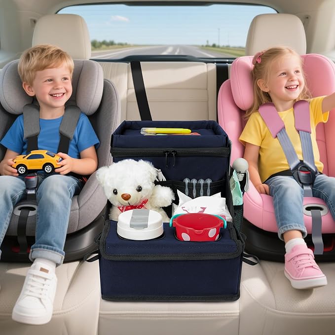 Car Organizer for Front Seat Organizer and Storage, Collapsible Car Caddy, Passenger Seat Organizer with Partitions & Cup Holders, Car Organization for kids and Adults (Blue)