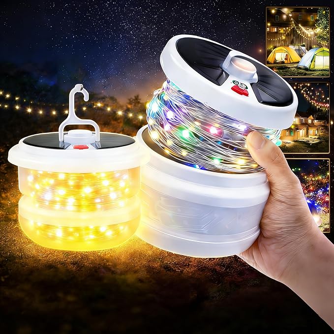 Camping String Lights Outdoor Solar, 3 in 1 Waterproof Camp Light Portable RGB String Light with 7 Modes (26.2ft), Solar/USB Rechargeable Tent Lantern for Camping, Hiking, Yard, RV, Festival Decor