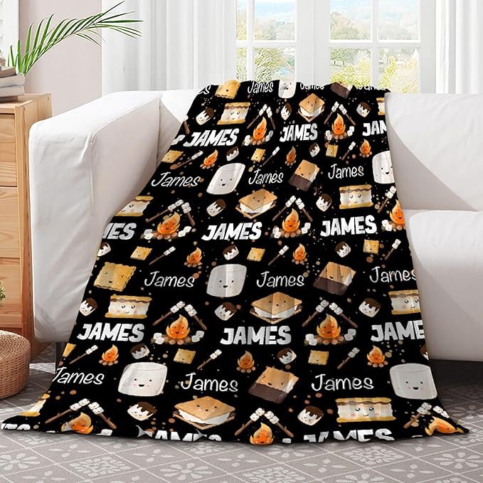 Custom S'Mores Blanket with Name | Personalized Marshmallow Blanket for Girls Boys | Ultra Soft Customized Cookie Throw for Couch/Sofa/Travel/Camping Home Decor - 50"x60"-Teens/Travel Size