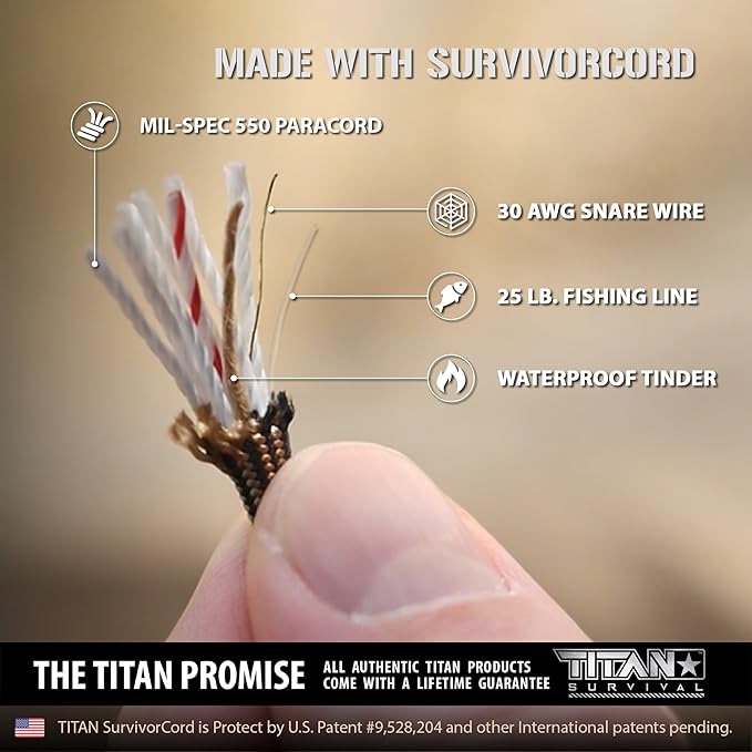 Titan Paracord Survival Bracelet | Made with Patented SurvivorCord (550 Paracord, Fishing line, Snare Wire, and Waxed Jute for Fires). Free eBooks Included.