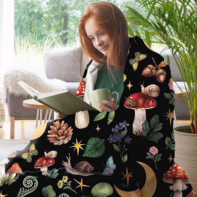 Mystical Forest Mushroom Flannel Throw Blanket, Fairy Tale Cottagecore Moon Star Birthday Gifts for Men Women Adults Teen Kids, Witchy Boho Botanical Soft Blankets for Bedding Sofa 60" x 80"