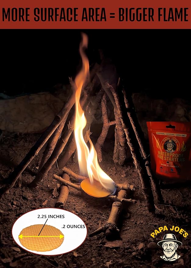 Papa Joe's 100% Waterproof Fire Starter (15 Disc) Up to 60 Fires | 8-10 Minute Burn Instant Light | Fire Pits, Grills, Survival | for Emergency Kits | Handmade in USA Camping Accessories