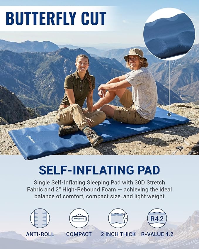 KingCamp Sleeping Pad for Camping, Rollover Prevention Self Inflating Sleeping Pad Camping Mattress Foam Mat with Butterfly Edge Cut for Outdoor & Indoor, Tent Cot Car Backpacking, PVC Free