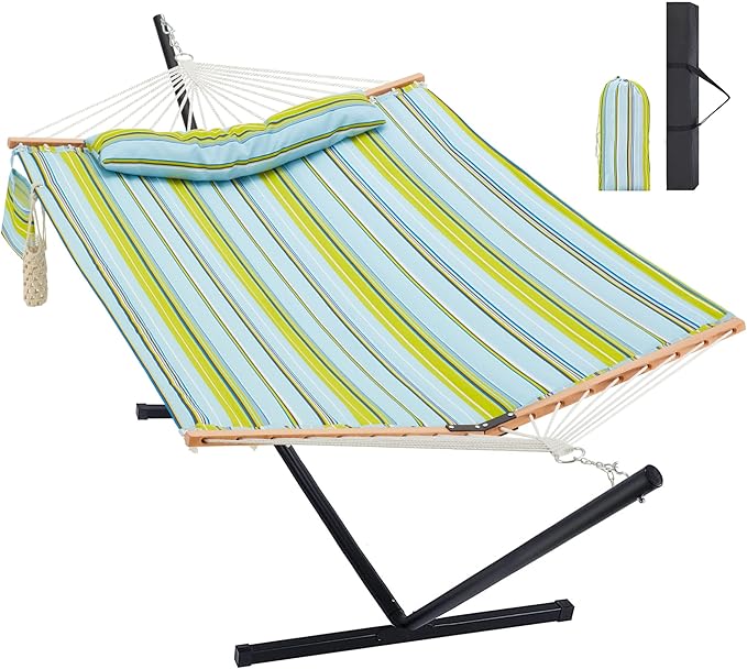 Homgava Two Person Hammock with Stand for Outside Heavy Duty, Outdoor Patio Hammock with Portable Steel Stand, Large Double Hammocks,480lbs Capacity.(Light Blue Stripes)
