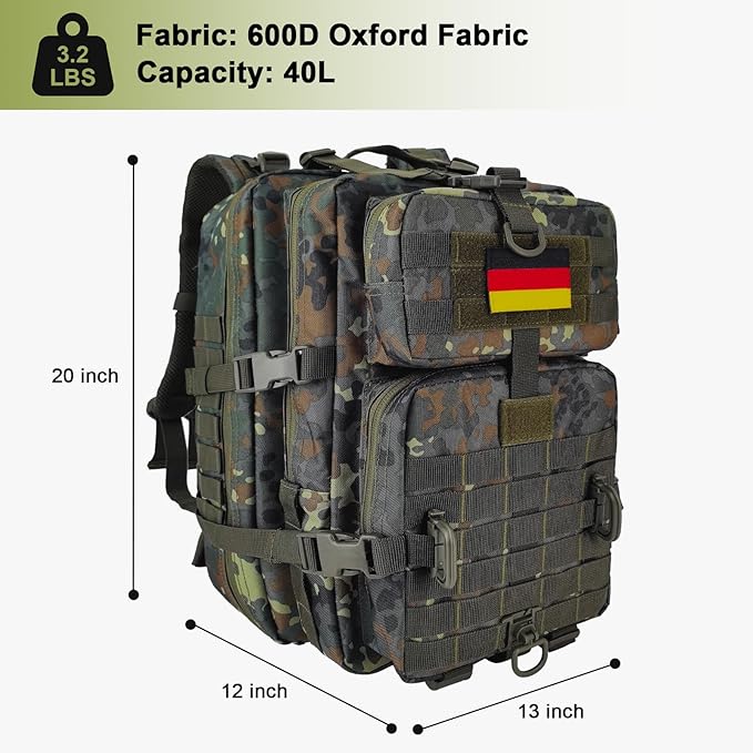 Hannibal Tactical MOLLE Assault Backpack, Tactical Backpack Military Army Camping Rucksack, 3-Day Pack Trip w/USA Flag Patch, D-Rings, Flecktarn