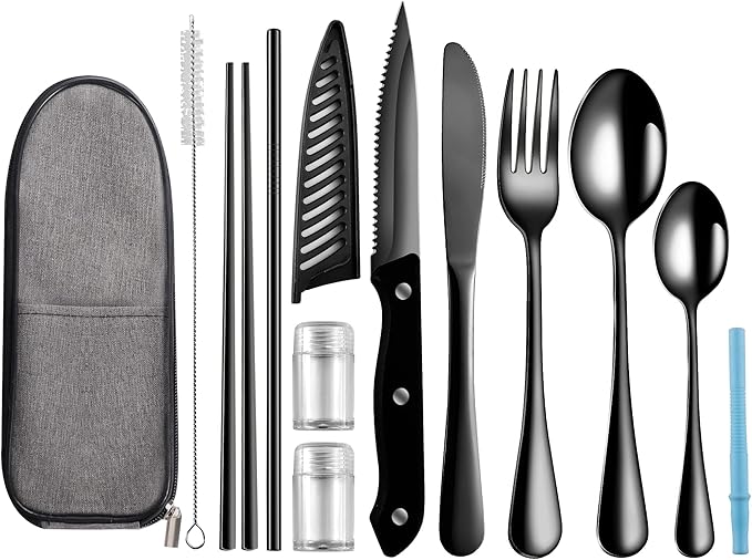 Logcow Travel Utensils with Case,Reusable Utensils,Portable Travel Camping Cutlery Set,Stainless Steel Flatware Set,Lunch Boxes Workplace Camping School Picnic (Black)