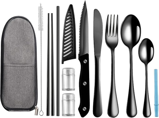 Logcow Travel Utensils with Case,Reusable Utensils,Portable Travel Camping Cutlery Set,Stainless Steel Flatware Set,Lunch Boxes Workplace Camping School Picnic (Black)