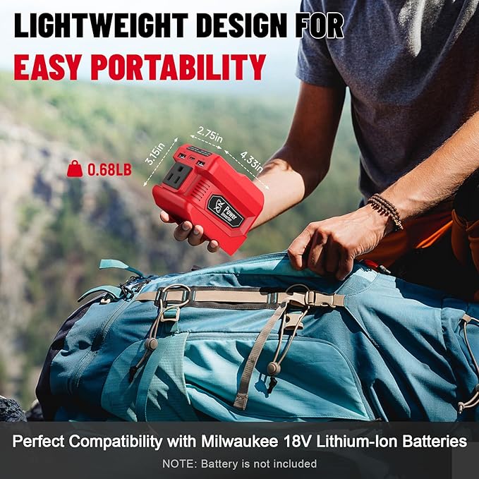 220W Azocek Power Inverter Compatible with Milwau-kee 18V Battery, DC 18V to AC 110V Portable Power Station with 1 AC Outlet, 2 USB Ports & 1 Type-C Fast Charging, 400LM LED Work Light (2-Pack)