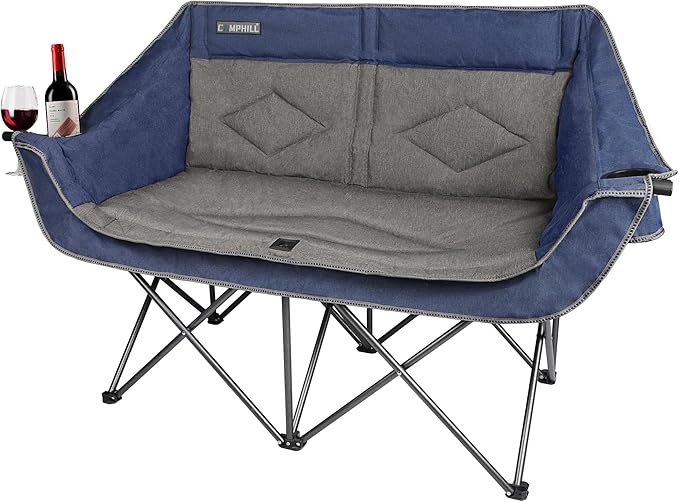 Oversized Double Camping Chair-Heavy Duty 2 Person Folding Loveseat Camp Couch for Adults,Portable Outdoor Lawn Chairs with Padded Seat for Fishing,Sports and Patio,Supports 500 LBS,Blue