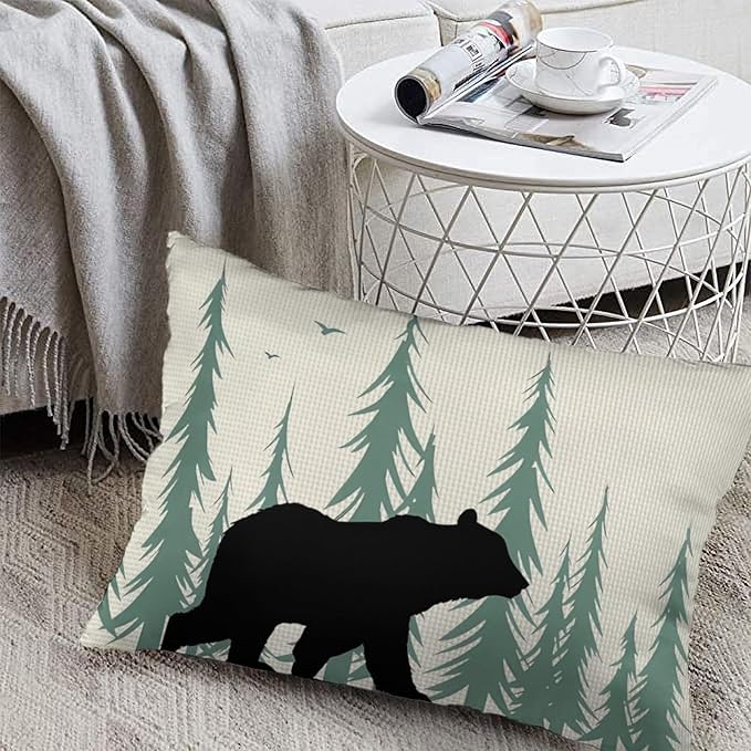ITFRO Set of 2 Birthday Gift Wildlife Bear Throw Pillow Cover Pine Tree Forest Cotton Linen Lumbar Animal Cushion Case Farmhouse Home Decor for Bed Sofa Couch 12x20 Inches (Beige and Green)